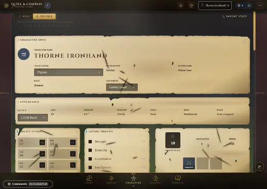 A character profile page showing portrait, backstory and appearance for the character Thorne.