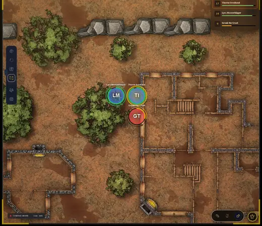 Combat running on an imported ruins map: Thorne Ironhand and Lyra Moonwhisper facing down a wounded goblin, Grosk the Cruel, with tokens ringed in health bars and an initiative panel listing the turn order.