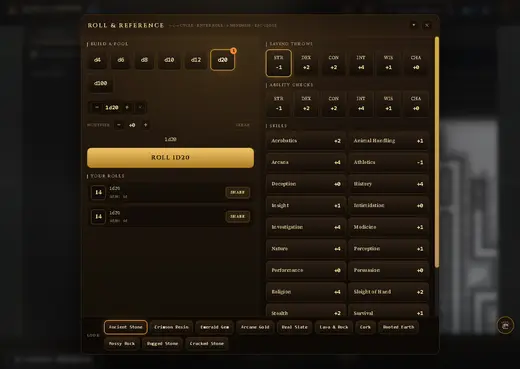 The Roll and Reference panel: a dice pool builder, every saving throw and skill modifier laid out, a roll history, and a row of dice material choices.