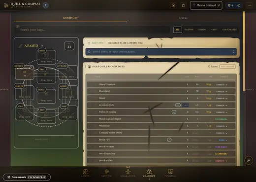 The inventory and equipment view, with equipment slots and a carried item list.