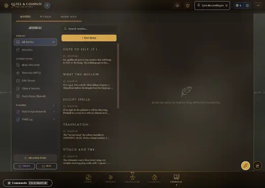 The journal, showing a list of session notes with folders and system collections down the side.