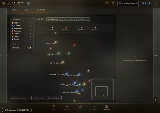The Mind Map view: named NPCs, players, locations and events plotted as a linked constellation, with a chapter timeline across the top and entity counts down the left.