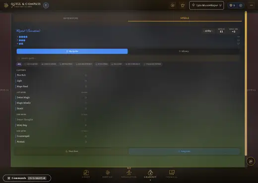 A spellbook view listing prepared spells and available spell slots for the character Lyra.