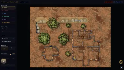 The map annotation editor open on an imported ruins map: a wall-mask brush painted in a pale band along two stone wall runs, one run already traced into a solid light-blocking outline, a blue door segment set into another, and a toolbar listing Wall Mask, Draw Door, Draw Window and a three-cell freehand brush.
