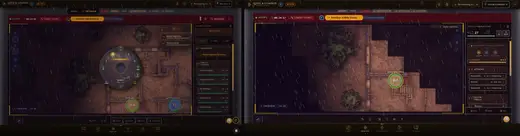 Two screens side by side in the same live session: on the left the Game Master's desktop app with the weather dial open and turned to Storm, on the right a player's browser window — rain is falling across the map in both, and the party list names Lyra Moonwhisper, Kael Stormborn and Thorne Ironhand.